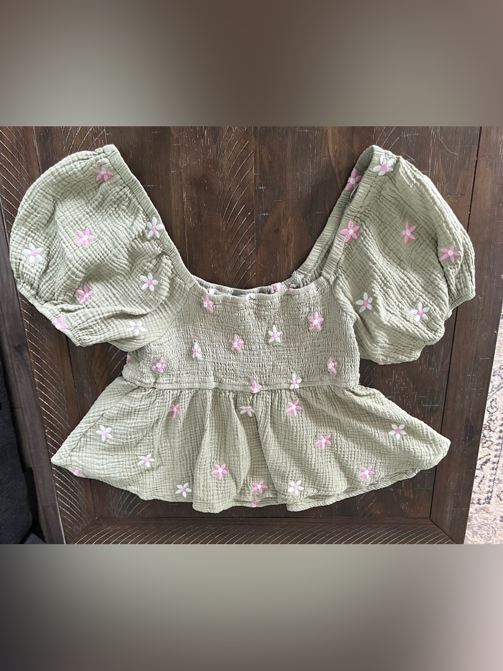 Altar’D State Sage Smocked Peplum Top with Pink & White Floral Embroidery-Sz L